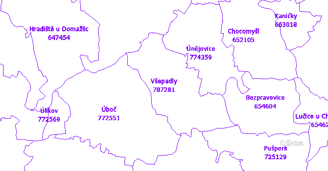 Katastrální mapa Všepadly - přehledová mapa katastrálního území