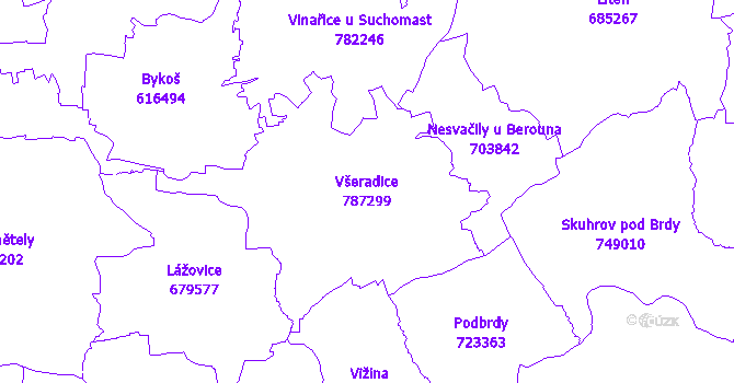 Katastrální mapa Všeradice - přehledová mapa katastrálního území