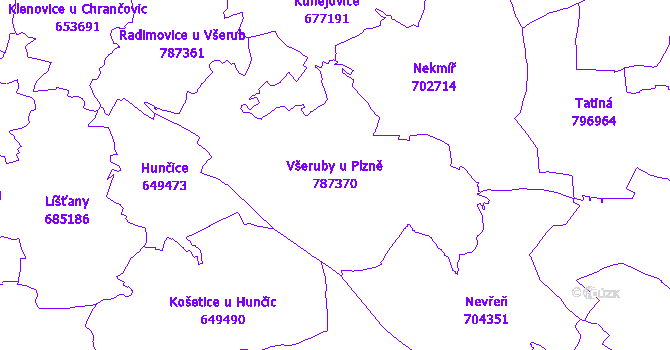 Katastrální mapa Všeruby u Plzně - přehledová mapa katastrálního území