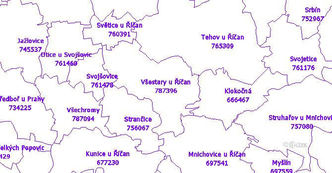 Katastrální mapa Všestary u Říčan - přehledová mapa katastrálního území