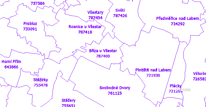 Katastrální mapa Bříza u Všestar - přehledová mapa katastrálního území