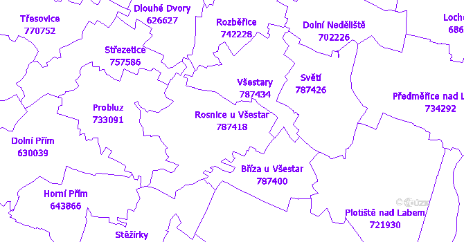 Katastrální mapa Rosnice u Všestar - přehledová mapa katastrálního území