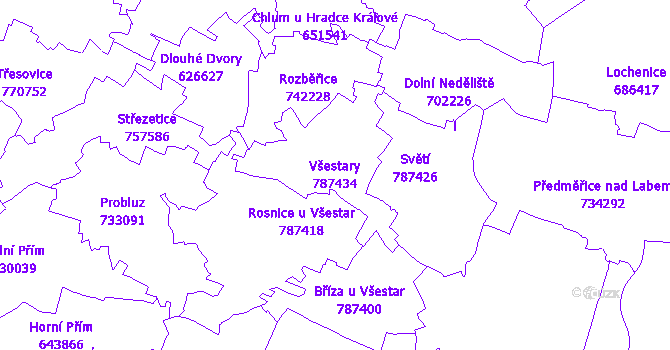 Katastrální mapa Všestary - přehledová mapa katastrálního území