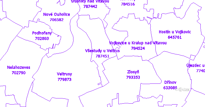 Katastrální mapa Všestudy u Veltrus - přehledová mapa katastrálního území