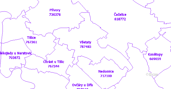 Katastrální mapa Všetaty - přehledová mapa katastrálního území