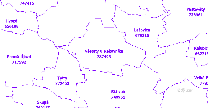 Katastrální mapa Všetaty u Rakovníka - přehledová mapa katastrálního území