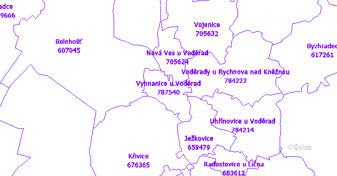 Katastrální mapa Vyhnanice u Voděrad - přehledová mapa katastrálního území