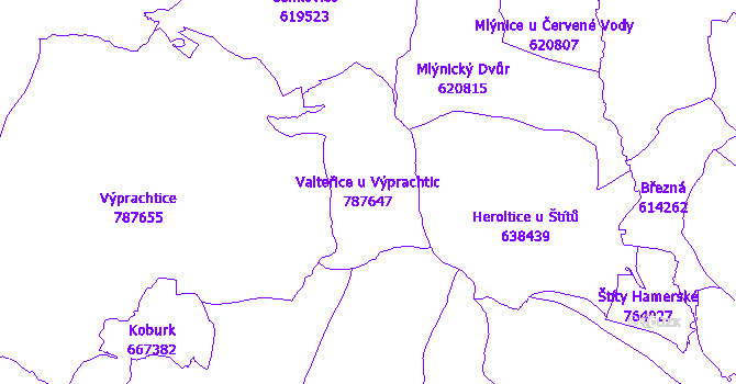 Katastrální mapa Valteřice u Výprachtic - přehledová mapa katastrálního území