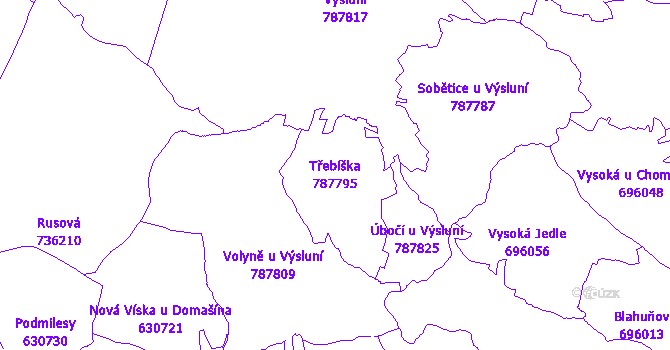 Katastrální mapa Třebíška - přehledová mapa katastrálního území