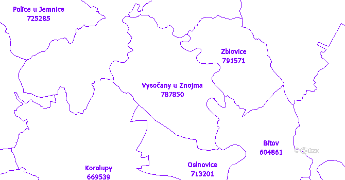 Katastrální mapa Vysočany u Znojma - přehledová mapa katastrálního území