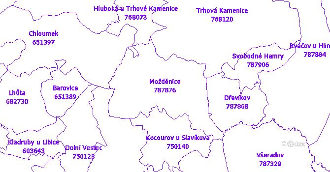 Katastrální mapa Možděnice - přehledová mapa katastrálního území