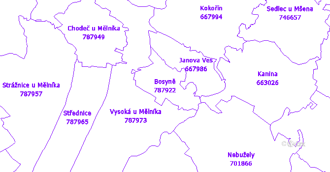 Katastrální mapa Bosyně - přehledová mapa katastrálního území