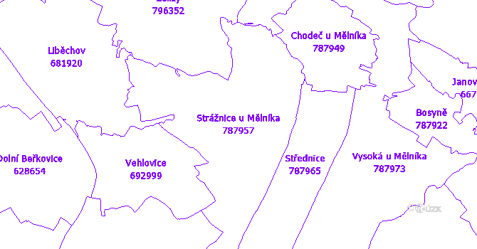 Katastrální mapa Strážnice u Mělníka - přehledová mapa katastrálního území