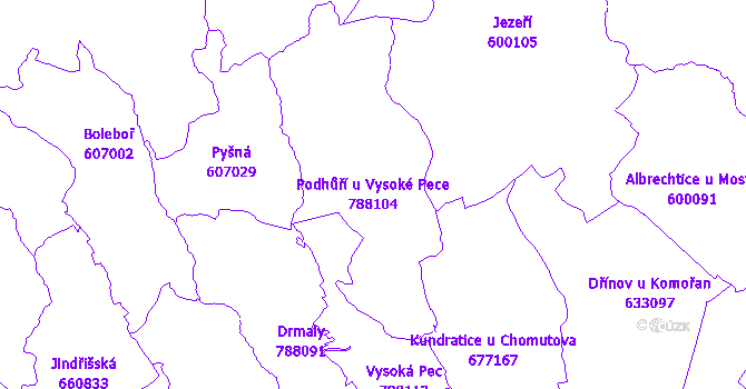 Katastrální mapa Podhůří u Vysoké Pece - přehledová mapa katastrálního území