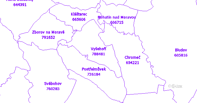 Katastrální mapa Vyšehoří - přehledová mapa katastrálního území