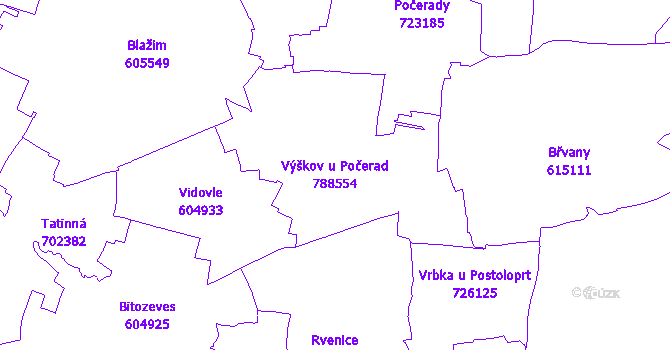 Katastrální mapa Výškov u Počerad - přehledová mapa katastrálního území
