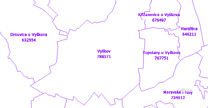 Katastrální mapa Vyškov - přehledová mapa katastrálního území