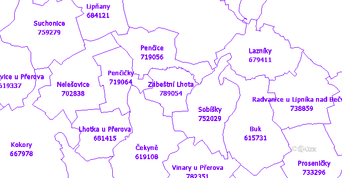 Katastrální mapa Zábeštní Lhota - přehledová mapa katastrálního území