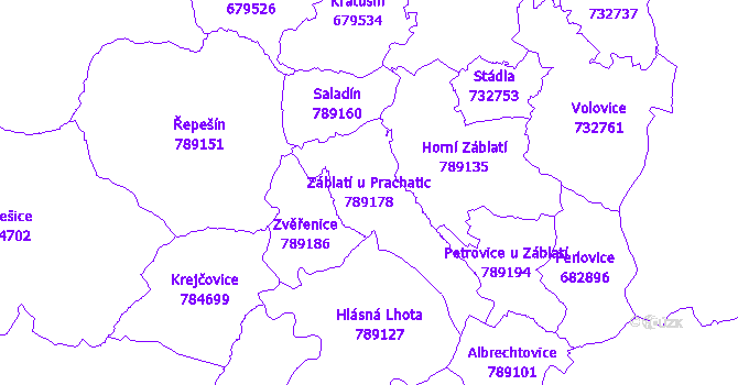 Katastrální mapa Záblatí u Prachatic - přehledová mapa katastrálního území