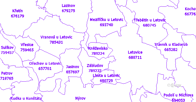 Katastrální mapa Kněževísko - přehledová mapa katastrálního území