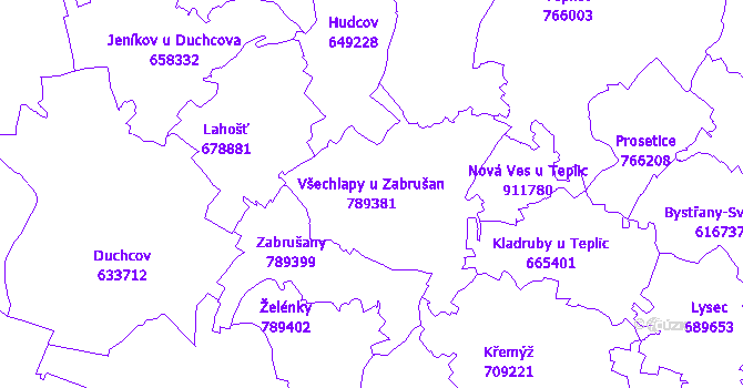 Katastrální mapa Všechlapy u Zabrušan - přehledová mapa katastrálního území