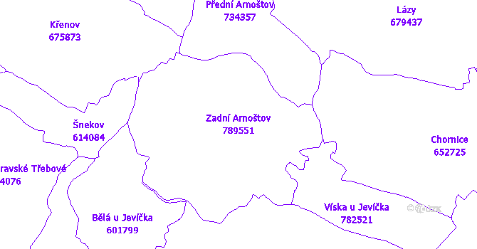 Katastrální mapa Zadní Arnoštov - přehledová mapa katastrálního území