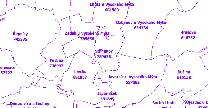 Katastrální mapa Stříhanov - přehledová mapa katastrálního území