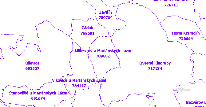 Katastrální mapa Milhostov u Mariánských Lázní - přehledová mapa katastrálního území