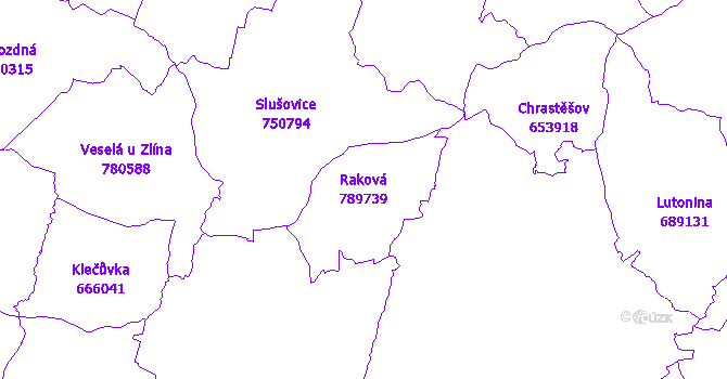 Katastrální mapa Raková - přehledová mapa katastrálního území