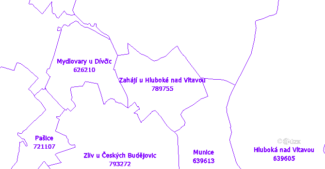 Katastrální mapa Zahájí u Hluboké nad Vltavou - přehledová mapa katastrálního území
