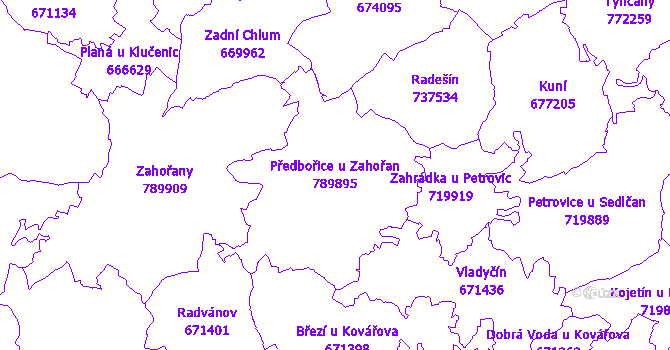 Katastrální mapa Předbořice u Zahořan - přehledová mapa katastrálního území