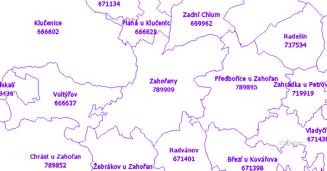 Katastrální mapa Zahořany - přehledová mapa katastrálního území