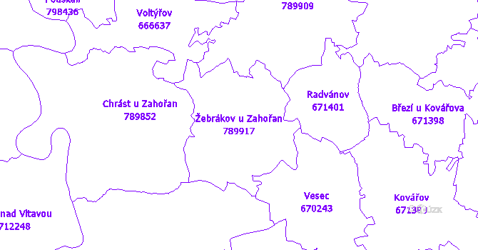 Katastrální mapa Žebrákov u Zahořan - přehledová mapa katastrálního území