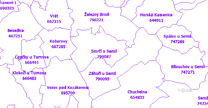 Katastrální mapa Smrčí u Semil - přehledová mapa katastrálního území