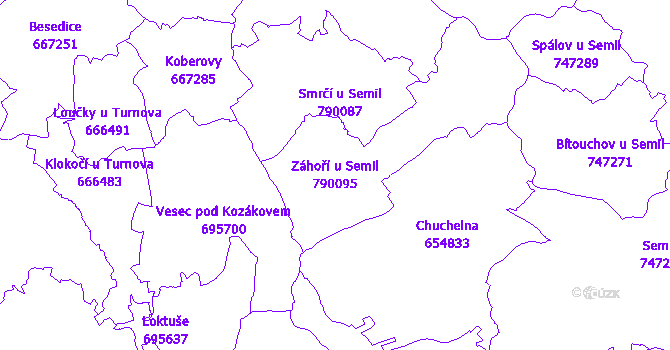 Katastrální mapa Záhoří u Semil - přehledová mapa katastrálního území