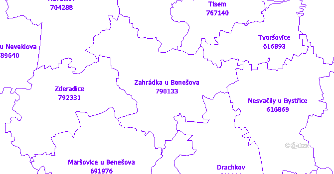 Katastrální mapa Zahrádka u Benešova - přehledová mapa katastrálního území
