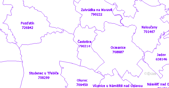 Katastrální mapa Častotice - přehledová mapa katastrálního území