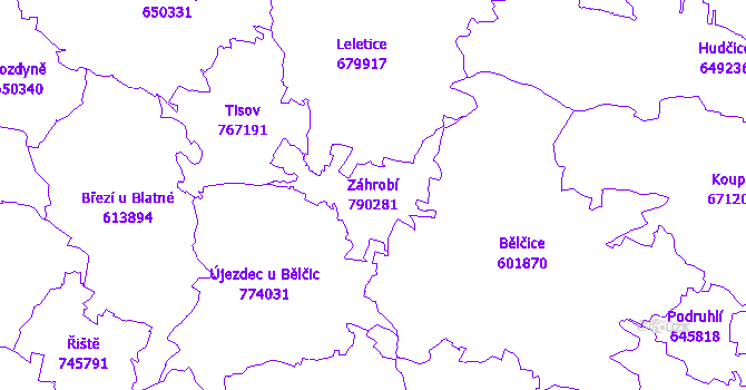 Katastrální mapa Záhrobí - přehledová mapa katastrálního území