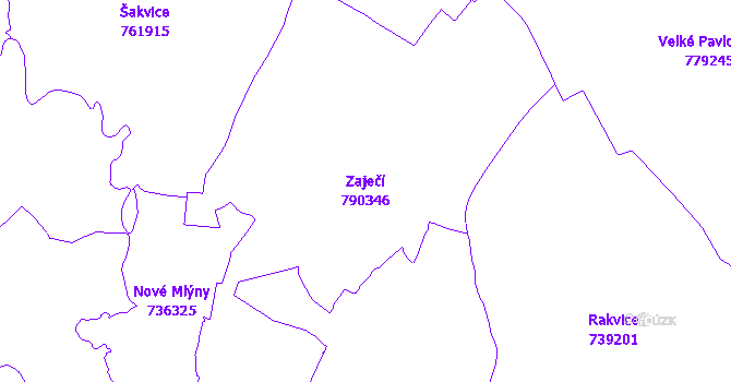 Katastrální mapa Zaječí - přehledová mapa katastrálního území