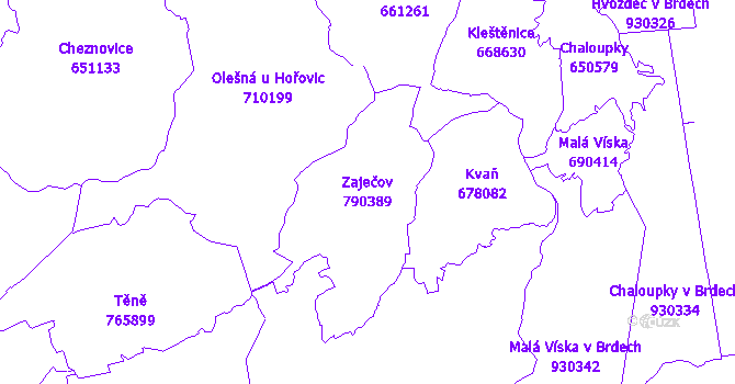 Katastrální mapa Zaječov - přehledová mapa katastrálního území