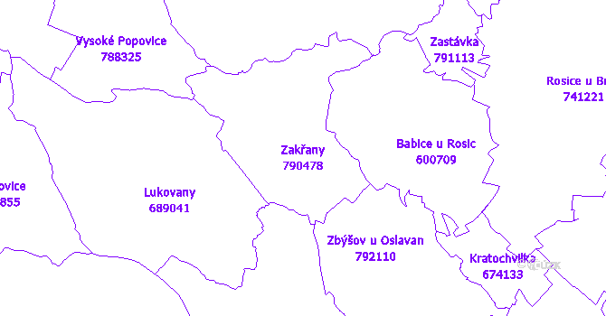 Katastrální mapa Zakřany - přehledová mapa katastrálního území