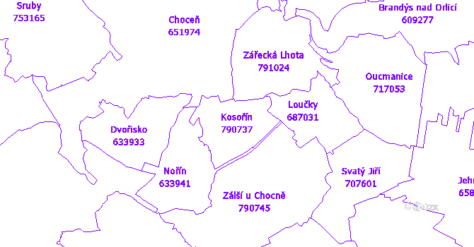 Katastrální mapa Kosořín - přehledová mapa katastrálního území