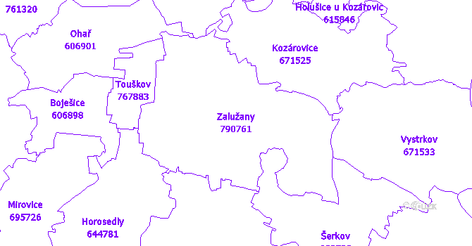 Katastrální mapa Zalužany - přehledová mapa katastrálního území