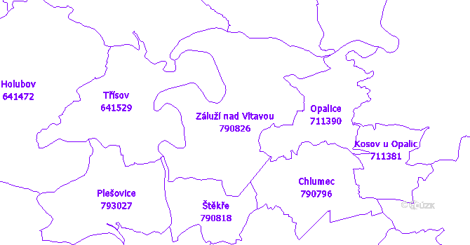 Katastrální mapa Záluží nad Vltavou - přehledová mapa katastrálního území