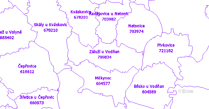 Katastrální mapa Záluží u Vodňan - přehledová mapa katastrálního území