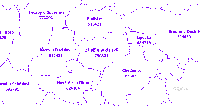 Katastrální mapa Záluží u Budislavě - přehledová mapa katastrálního území