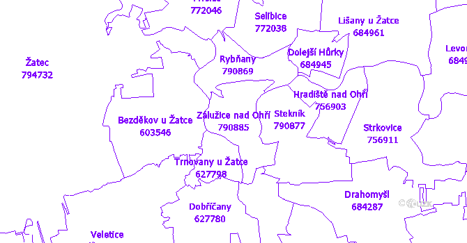 Katastrální mapa Zálužice nad Ohří - přehledová mapa katastrálního území