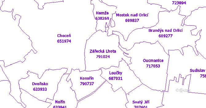 Katastrální mapa Zářecká Lhota - přehledová mapa katastrálního území