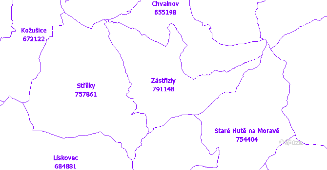 Katastrální mapa Zástřizly - přehledová mapa katastrálního území