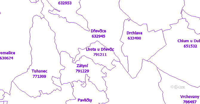 Katastrální mapa Lhota u Dřevčic - přehledová mapa katastrálního území